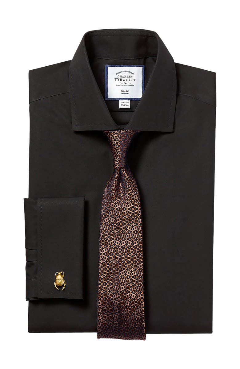 Charles Tyrwhitt Non-Iron Poplin Cutaway Slim Fit Shirt Double Cuff, Alternate, color, Black