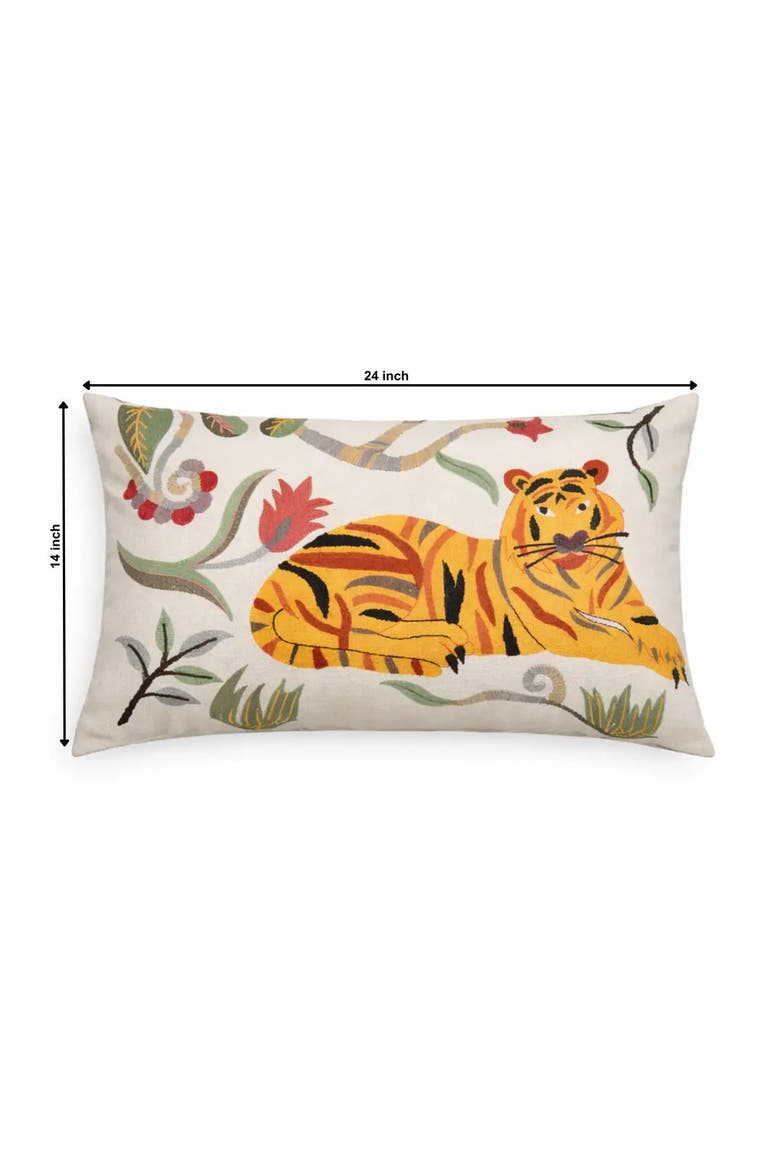 Floral Safari Tiger Pillow | Cotton Fabric, Alternate, color, White