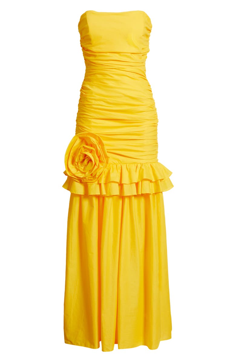 Black Halo Solea Floral Appliqué Strapless Gown, Main, color, Lemon Tonic
