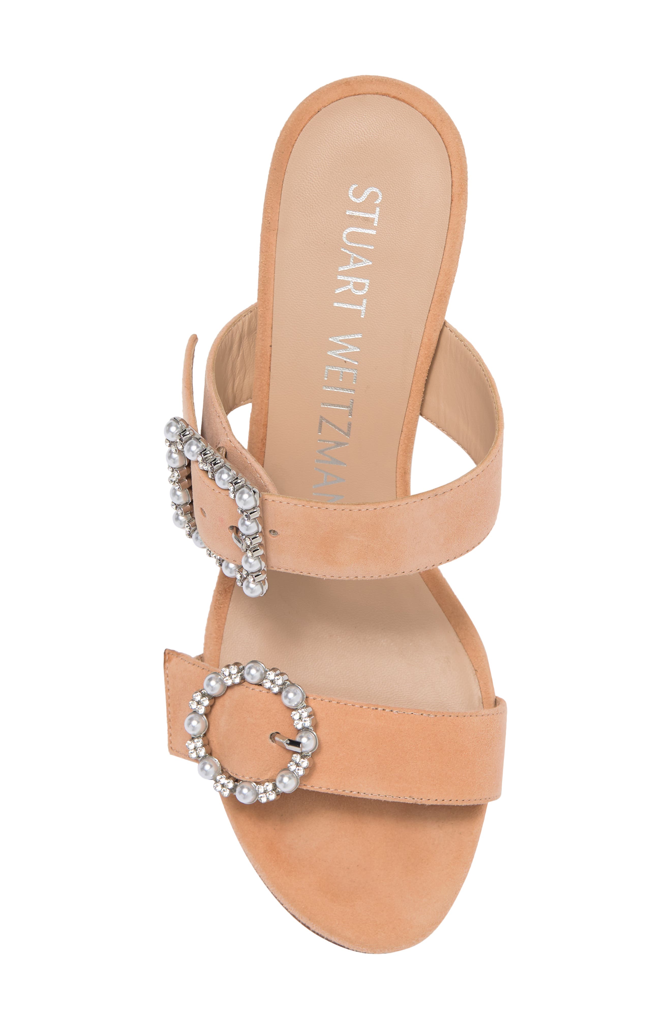 Stuart Weitzman Imitation Pearl Geo Buckle 75 Slide Sandal, Alternate, color, Ginger