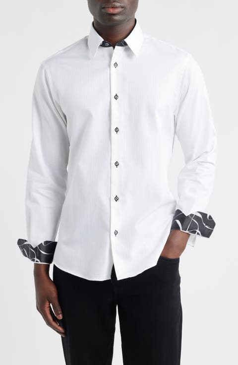 Dobby Printed Silk Trim Dress Shirt