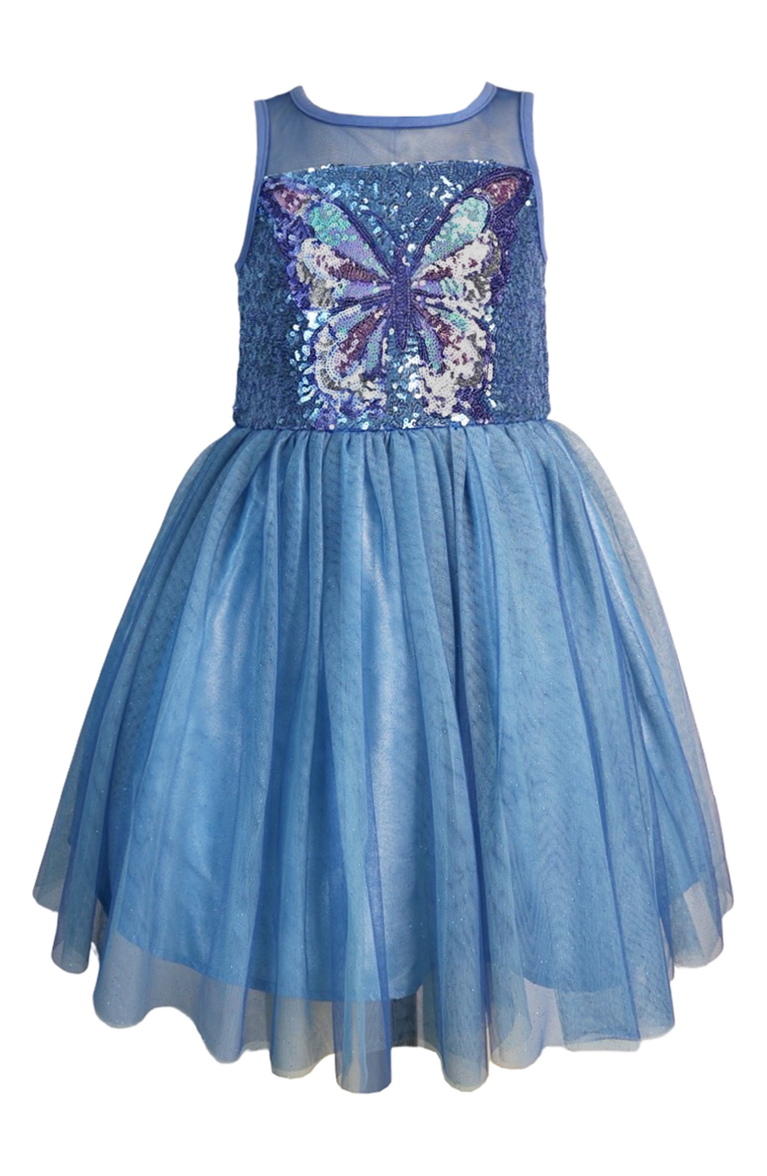 Zunie Kids' Sequin Butterfly Mesh Party Dress in Blue 