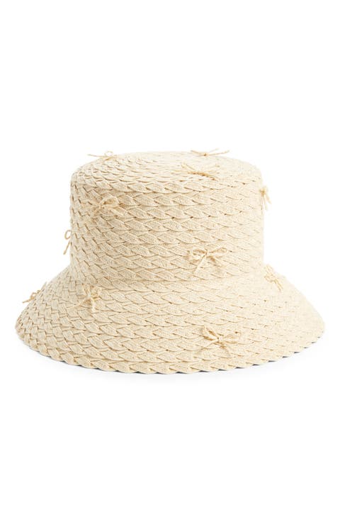 Bow Embellished Braided Straw Bucket Hat