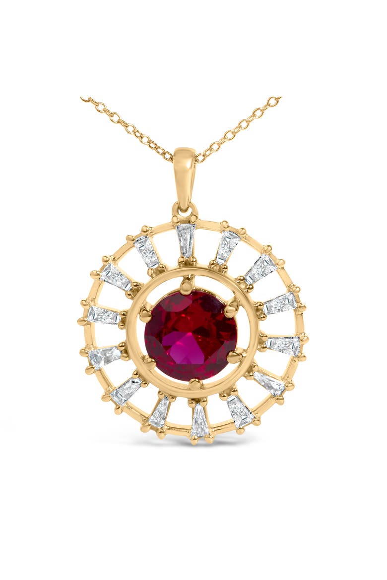 14K Yellow Gold Plated Silver Lab Grown Ruby and 5/8 Cttw Baguette Diamond Medallion Pendant Necklace, Alternate, color, Yellow Gold over Silver