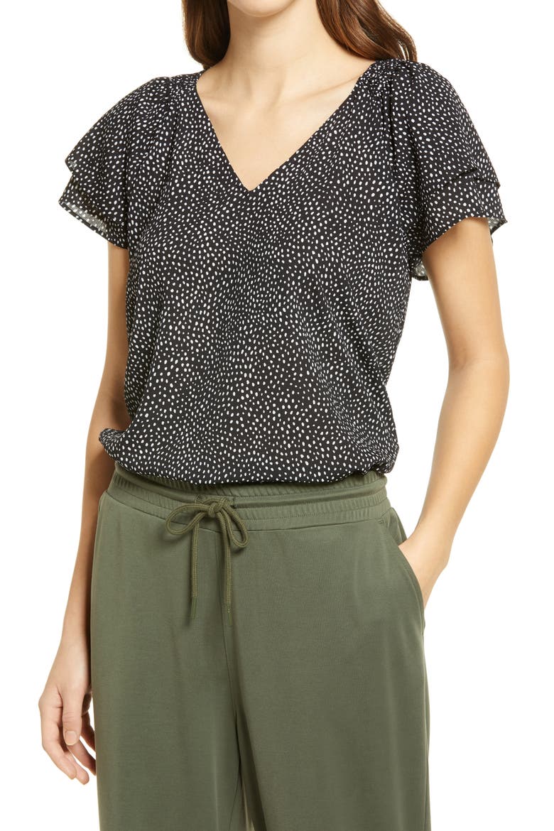 Ruffle Detail Top, Main, color, BLACK BRUSH DOT