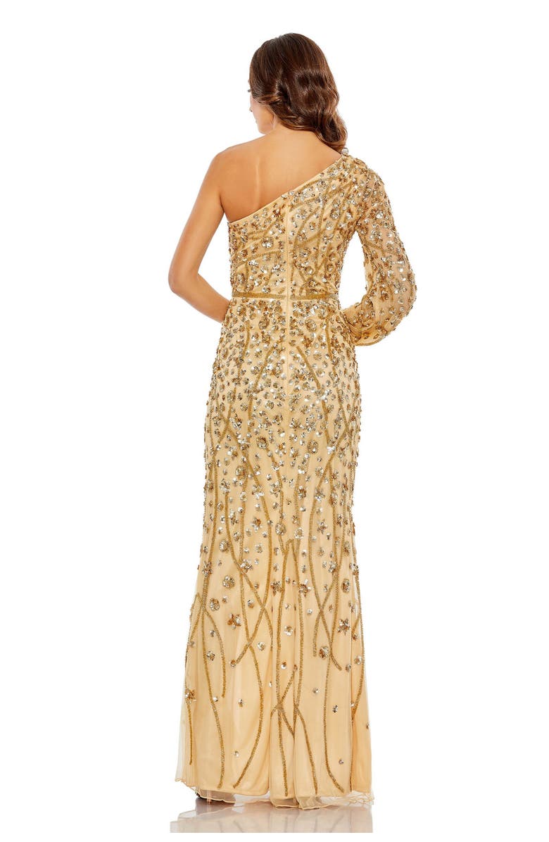 Mac Duggal Embellished One Sleeve Faux Wrap Gown, Alternate, color, Gold
