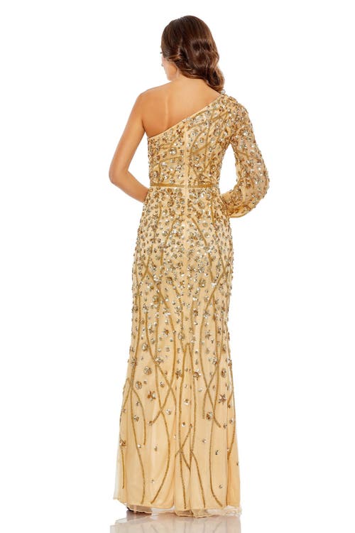 Mac Duggal Embellished One Sleeve Faux Wrap Gown In Gold