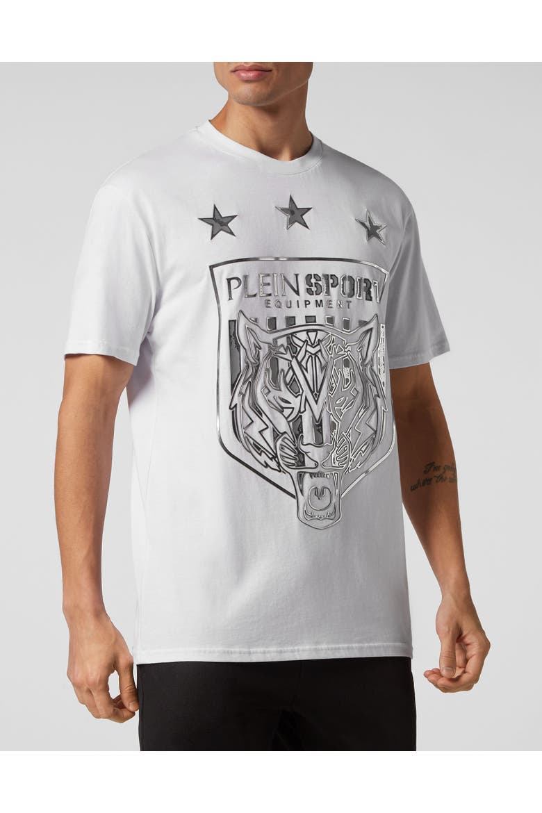 T-Shirt Round Neck Tiger Men, Main, color, white/silver