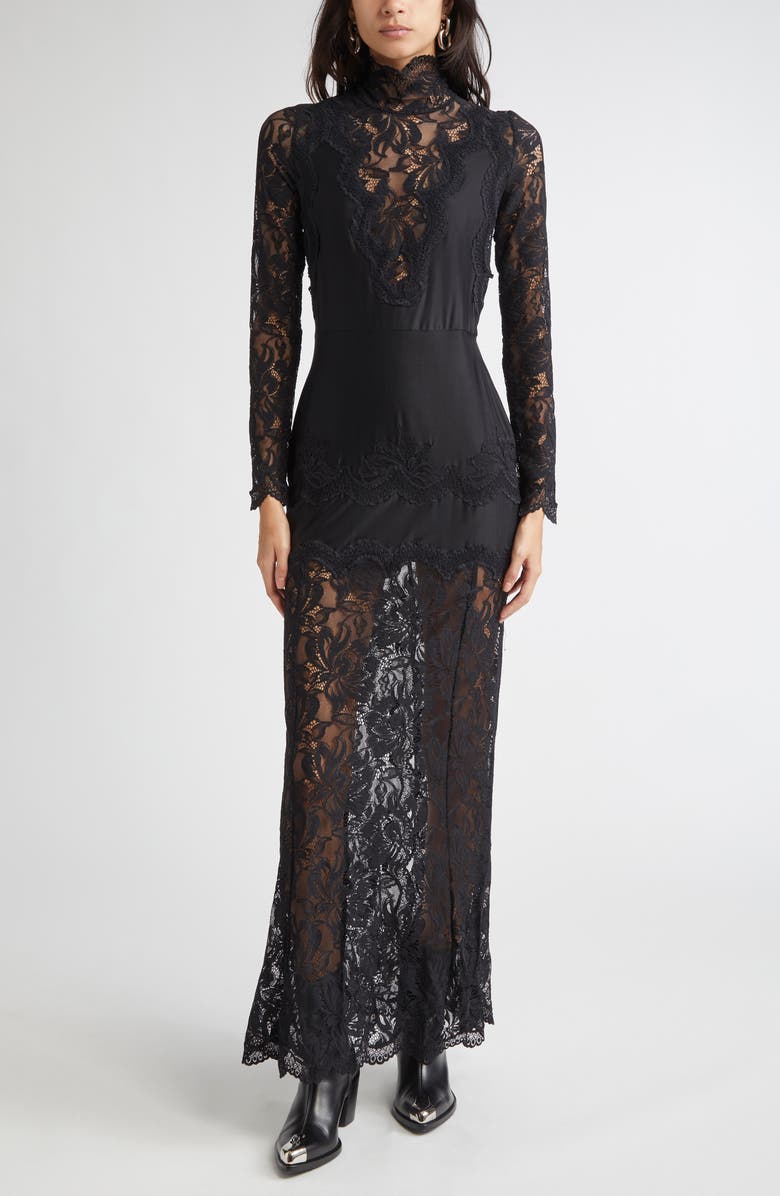 Rabanne Long Sleeve Lace & Jersey Dress, Main, color, Black