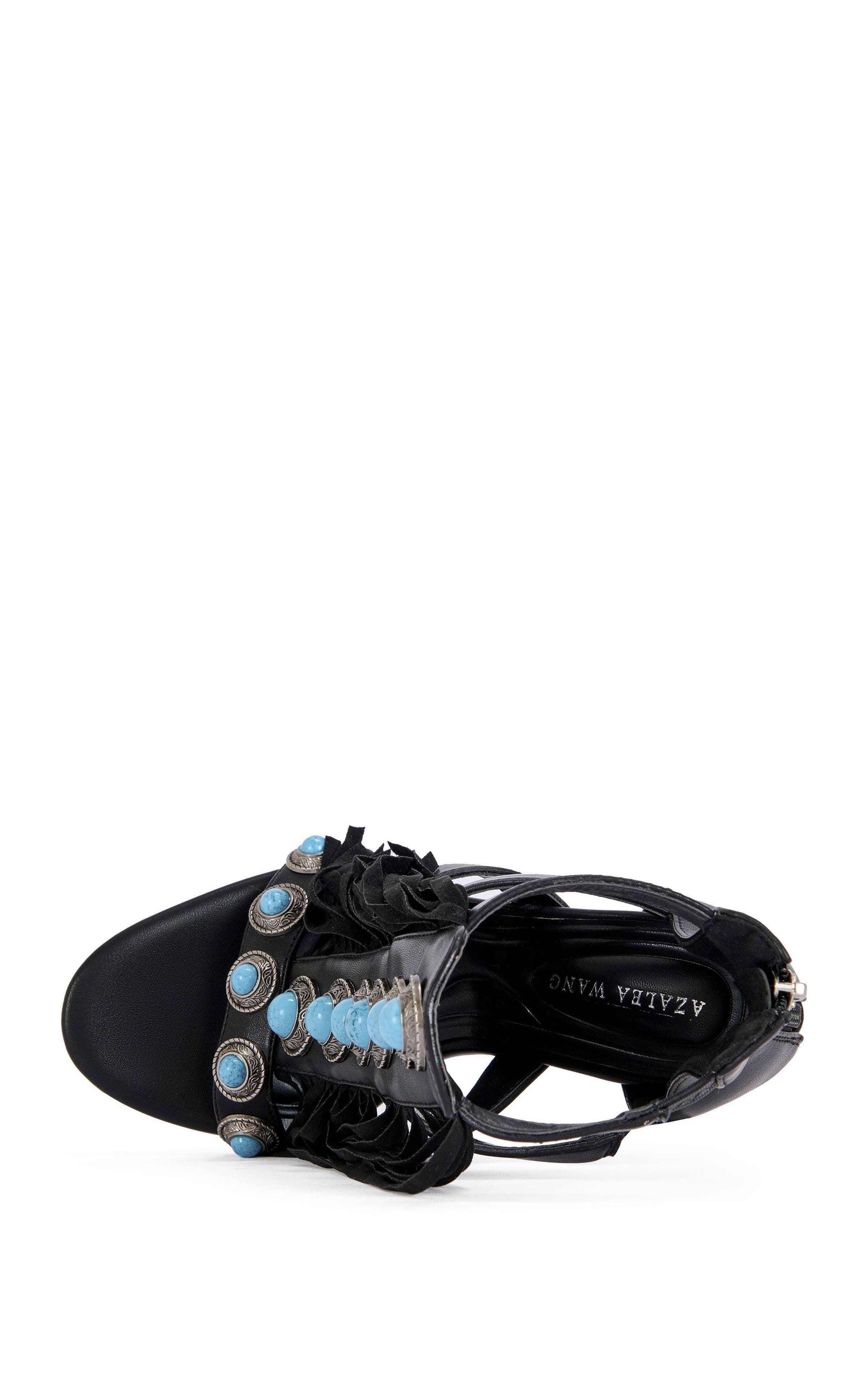 AZALEA WANG SUMAC-BLACK FRINGE GLADIATOR SANDAL BOOTIE - BLACK / 10 / STILETTO, Alternate, color, Black