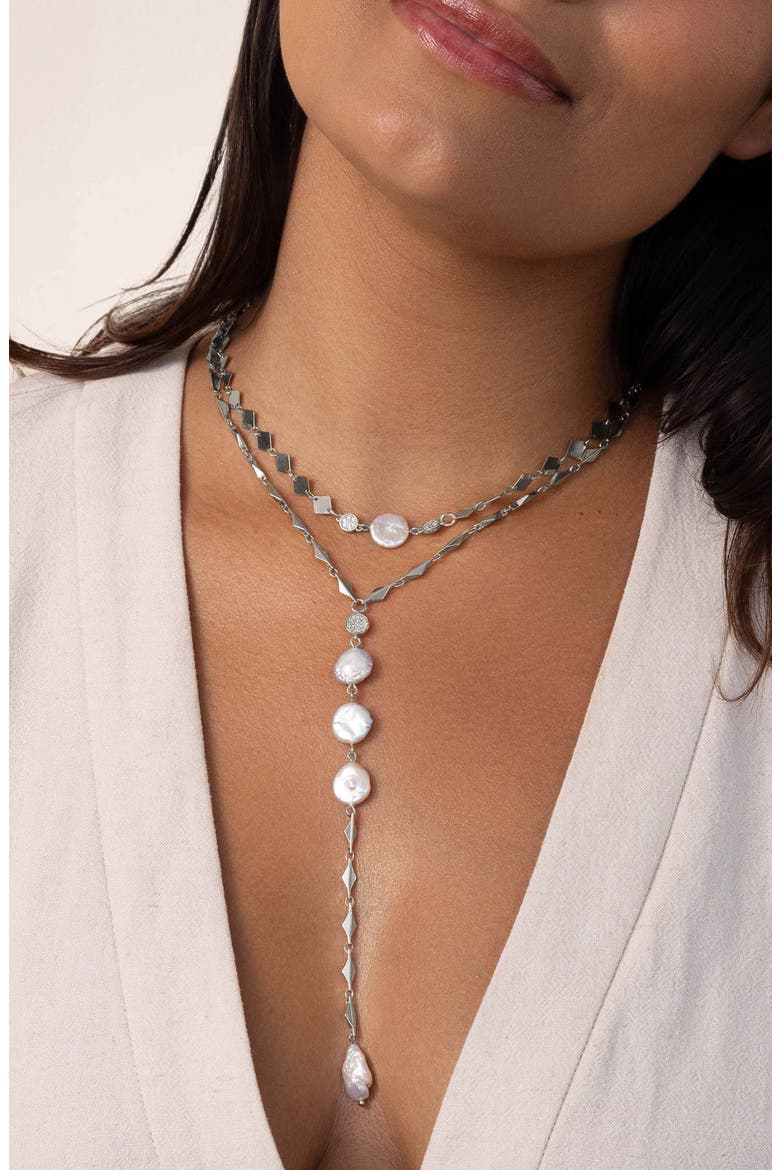 Dreamin Genuine Freshwater Pearl Layered Y-Necklace Set, Alternate, color, SILVER