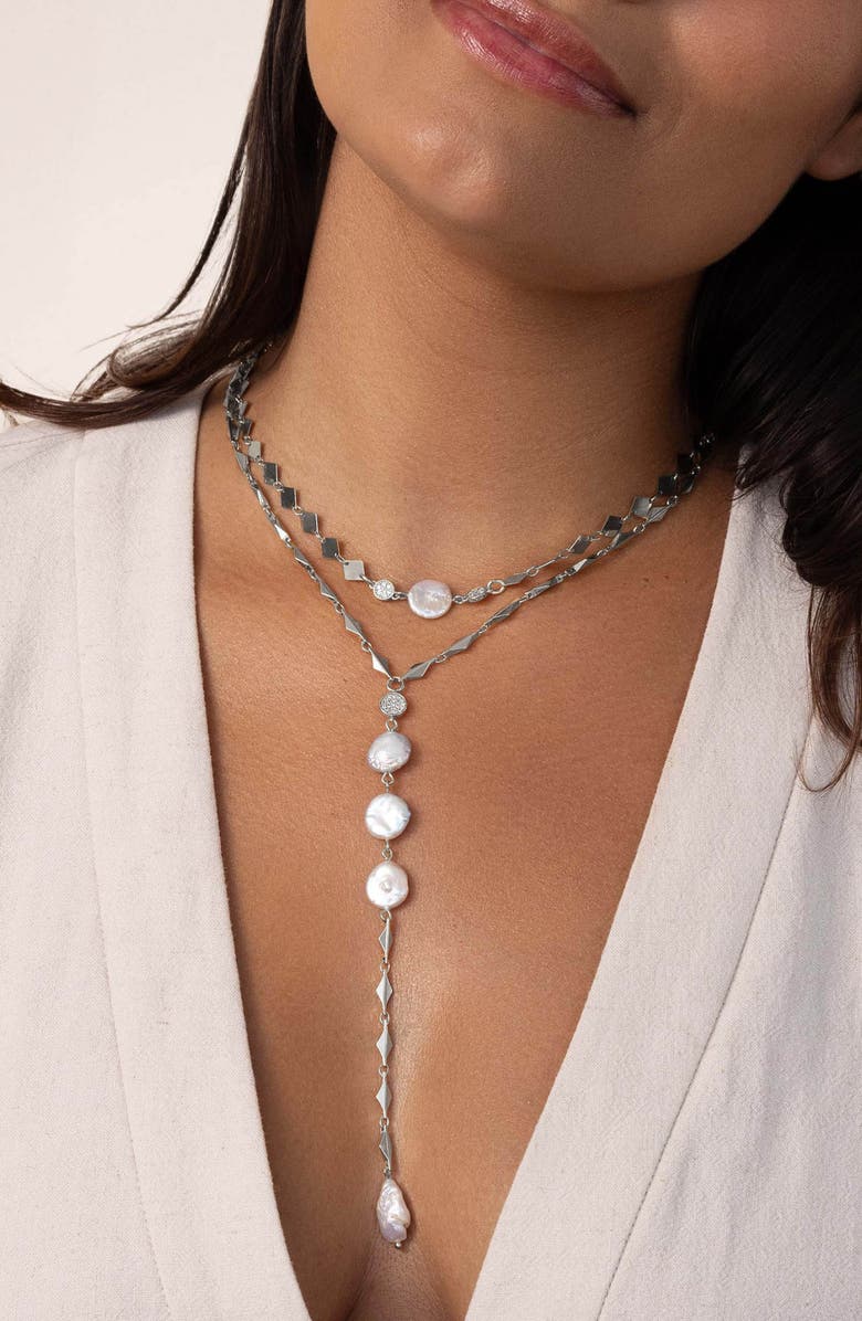 Ettika Dreamin Genuine Freshwater Pearl Layered Y-Necklace Set, Alternate, color, Silver