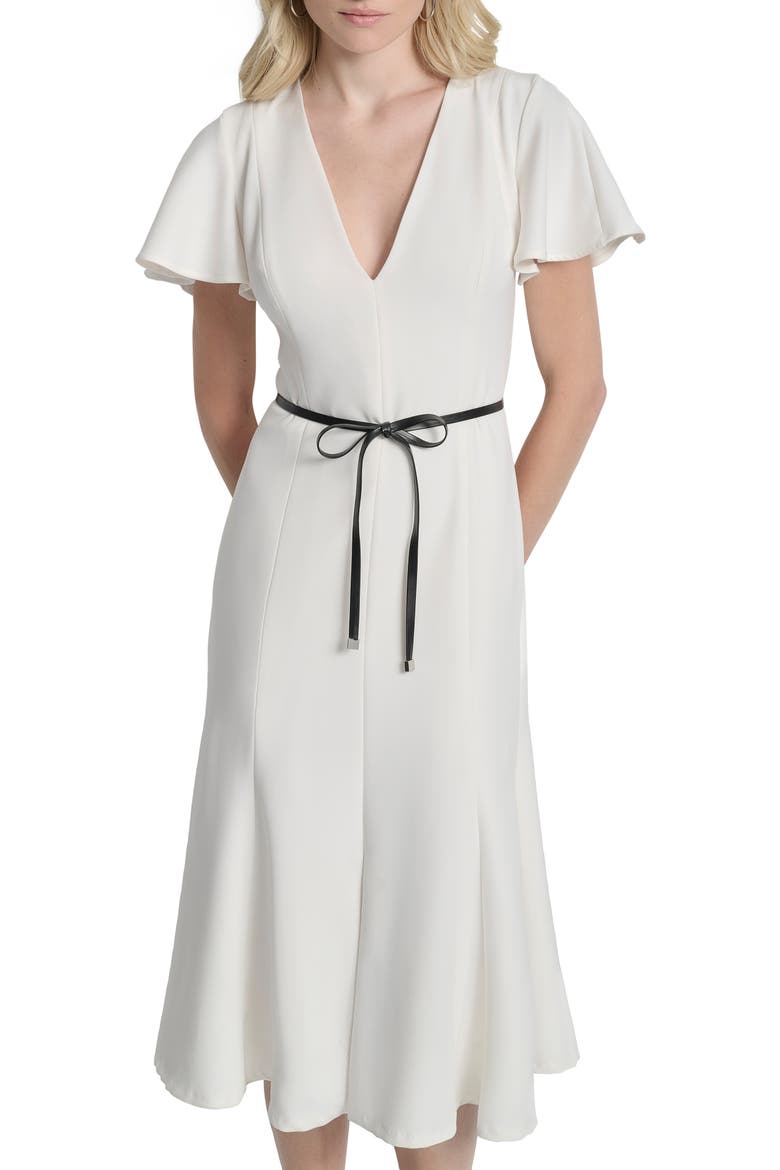 Flutter Sleeve Tie Belt Midi Dress, Alternate, color, IVORY