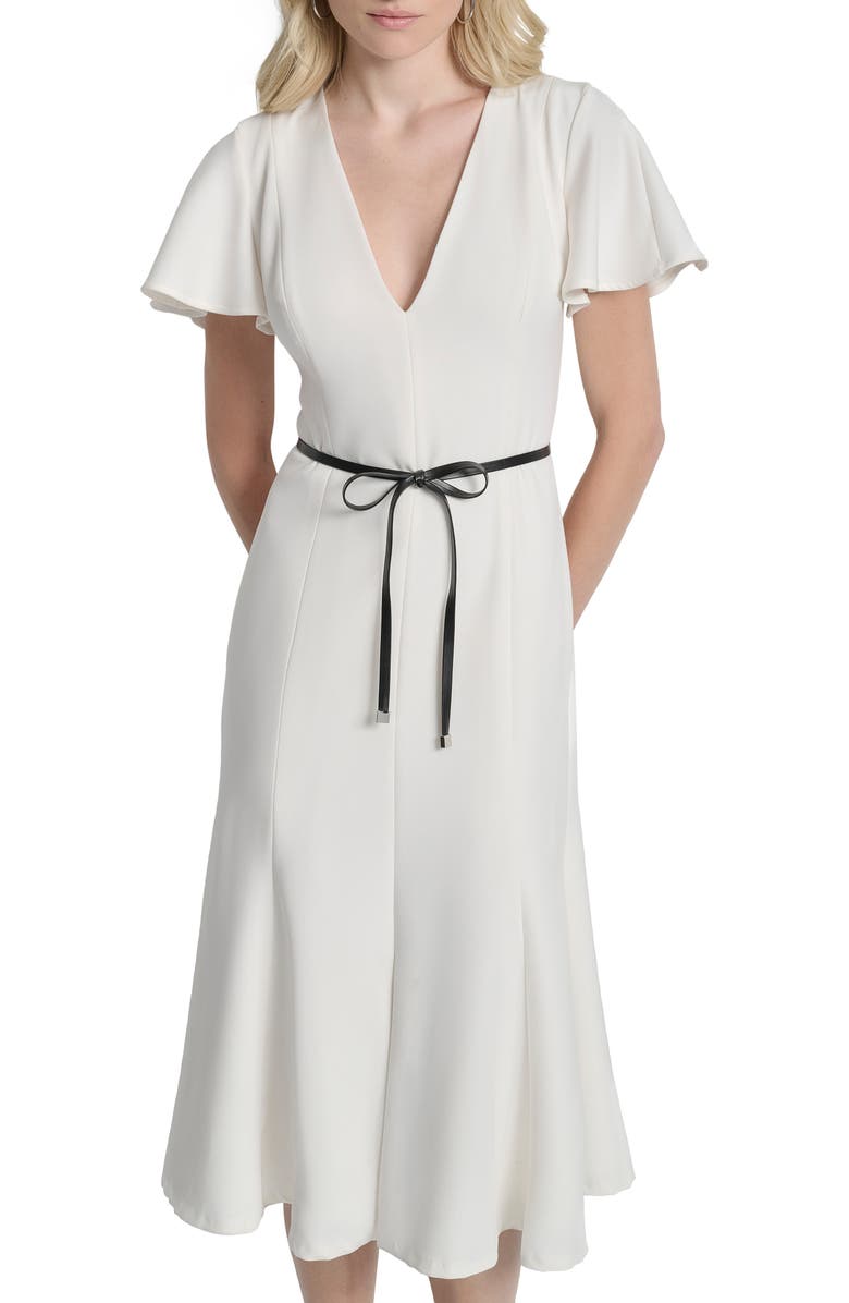 DKNY Flutter Sleeve Tie Belt Midi Dress, Alternate, color, Ivory