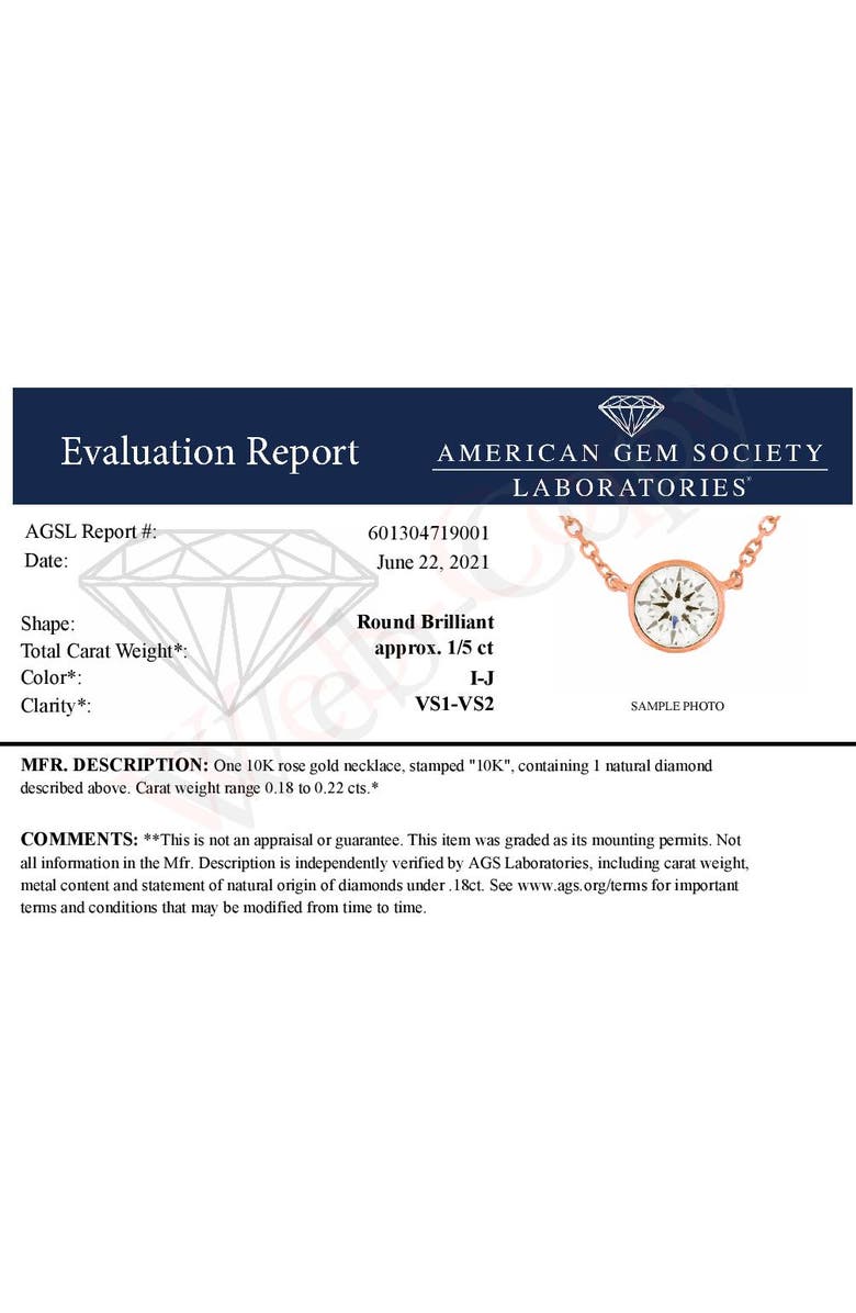 Haus of Brilliance AGS Certified 10K Rose Gold 1/5 Ct Bezel Set Diamond Solitaire Pendant Necklace, Alternate, color, Rose