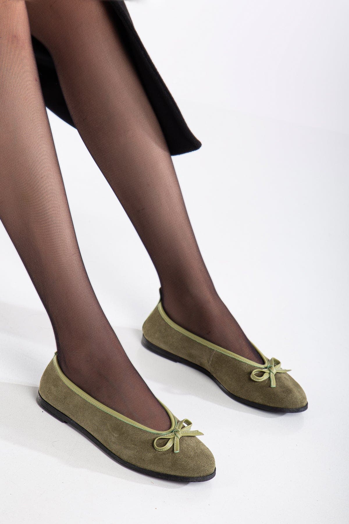 Freya Leather Ballerina Flats, Alternate, color, Khaki Suede Leather