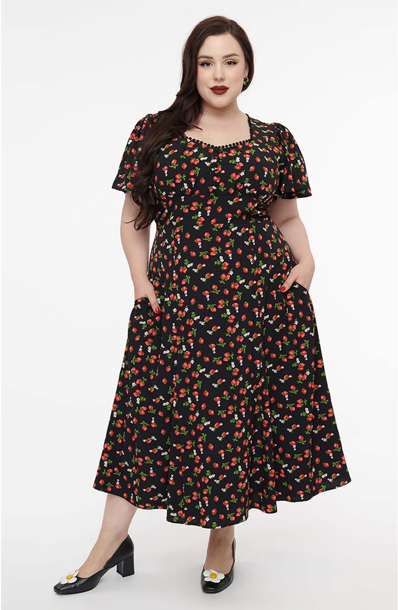 Unique Vintage Plus Size Short Puff Sleeve Sweetheart Neck Godet Midi Dress, Main, color, 