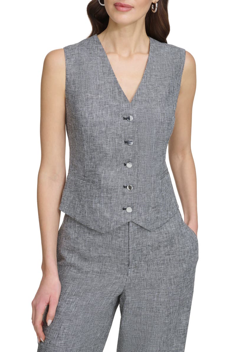 DKNY Check Linen Blend Suiting Vest, Main, color, Black/ White