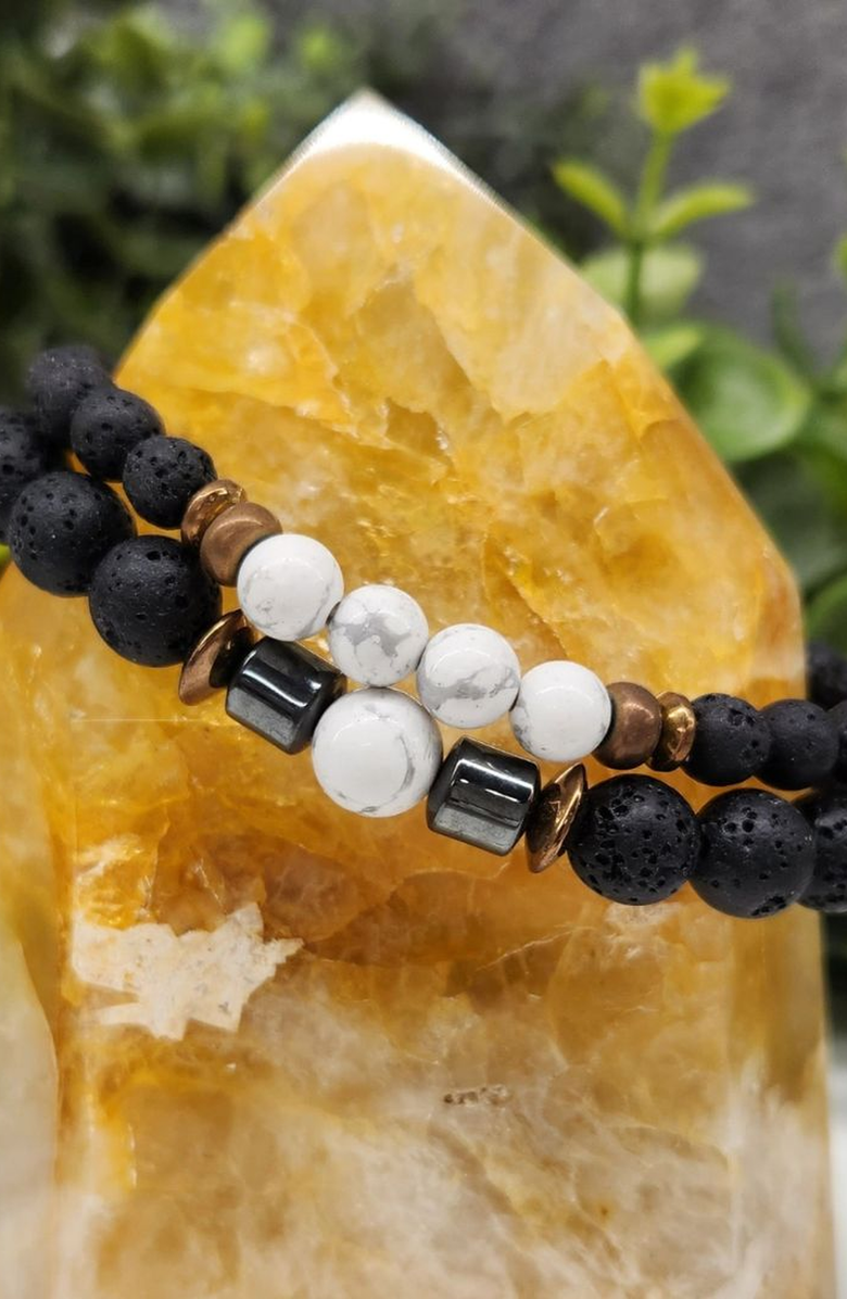 Humanist Beauty Crystal Lava Two Beaded Bracelet Set, Alternate, color, White Howlite