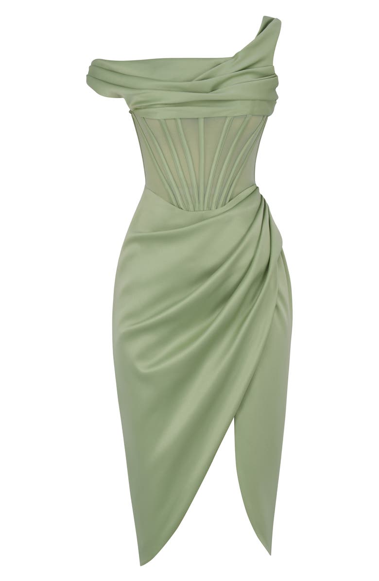 HOUSE OF CB Lulu Corset One-Shoulder Satin Midi Dress, Alternate, color, Pistachio