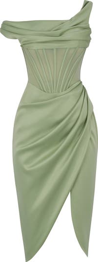 Lulu Corset One-Shoulder Satin Midi Dress