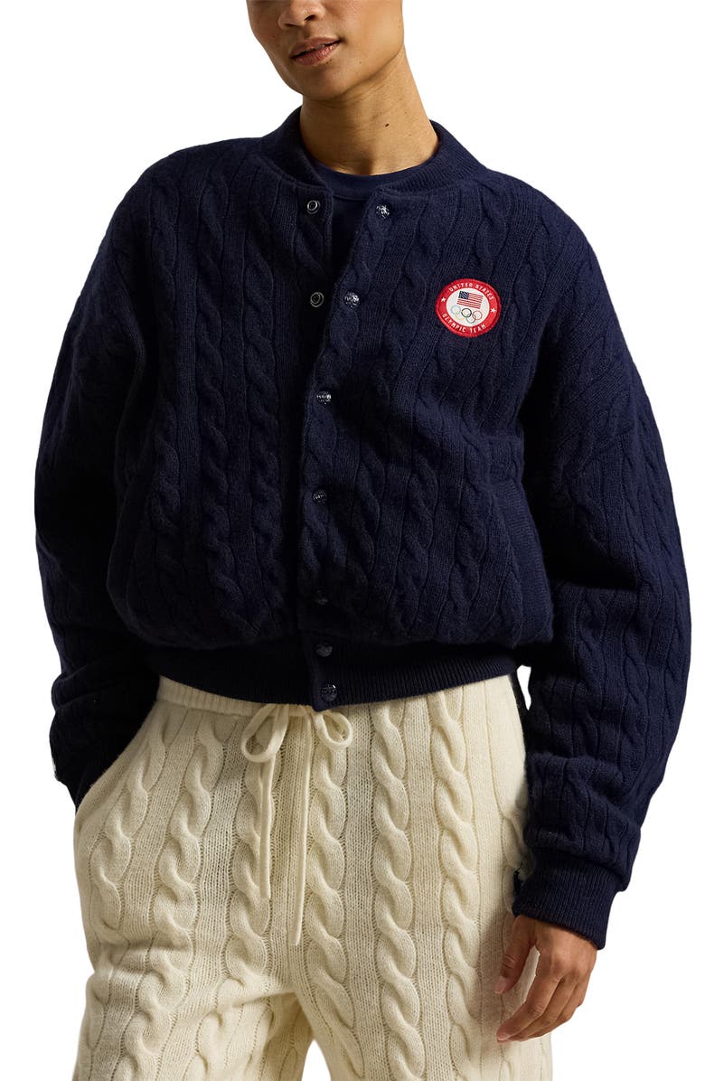 Polo Ralph Lauren Team USA Cable Stitch Wool & Cashmere Bomber Jacket, Main, color, Hunter Navy