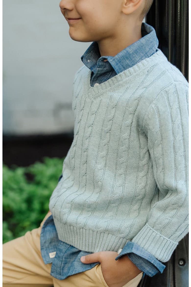 Kids' Organic Long Sleeve Fine Gauge Cable V-Neck Sweater, Alternate, color, Dusty Blue Heather Cable