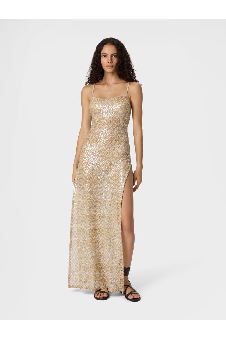 Long Cover-up In Lamé Viscose With Lace Motif And Sequins, Alternate, color, Gold& White