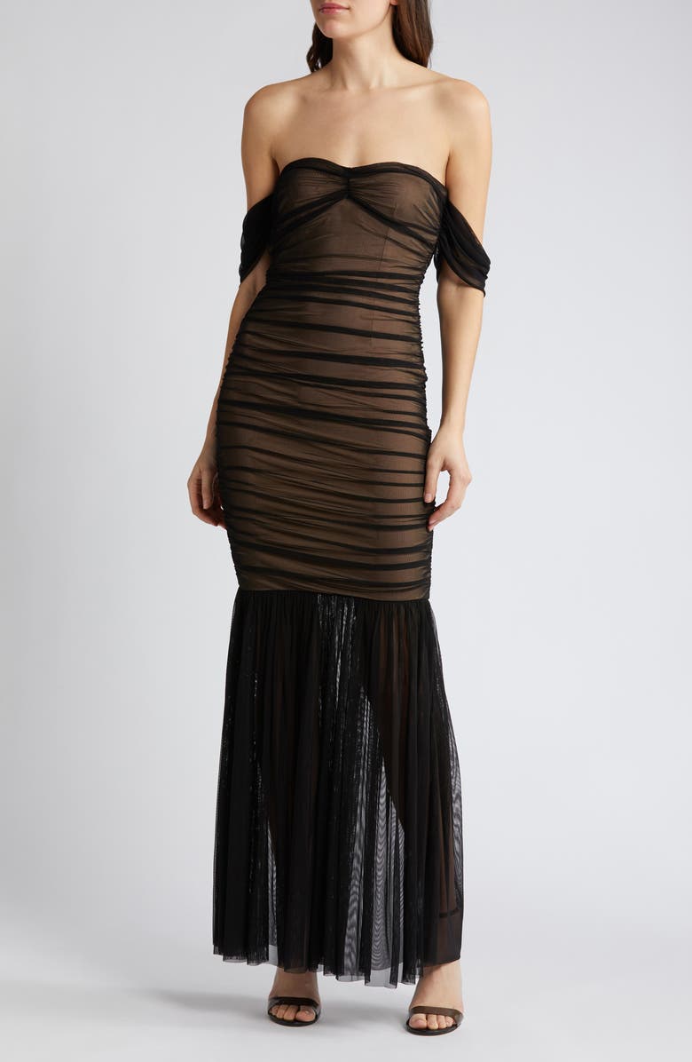bebe Off the Shoulder Mesh Mermaid Gown, Main, color, 