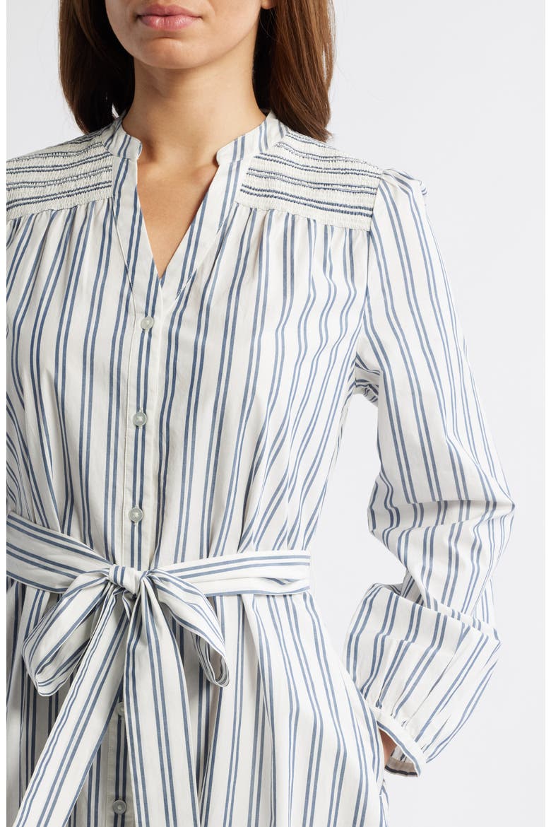 Smocked Shoulder Long Sleeve Cotton Midi Dress, Alternate, color, IVORY-BLUE ENSIGN SANDY STRIPE