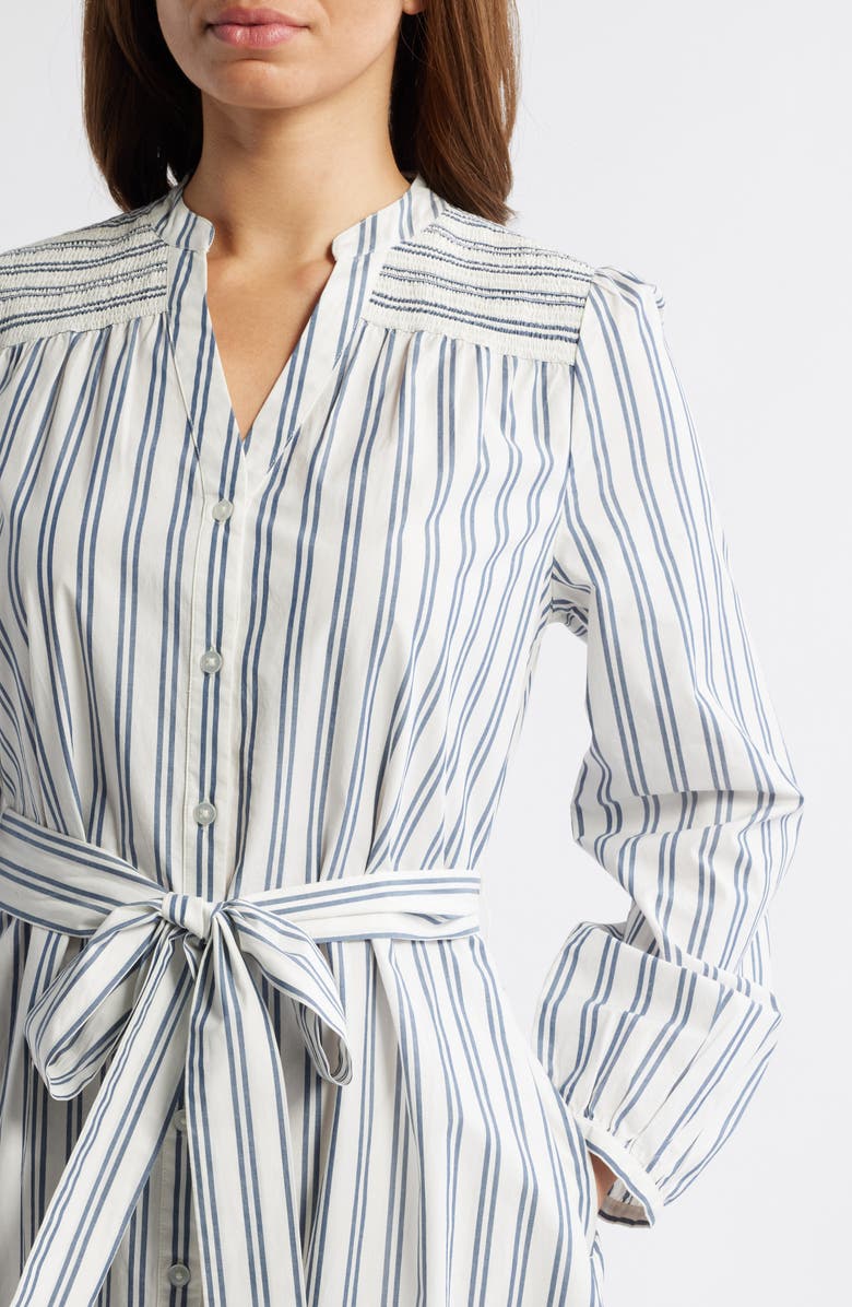 Caslon<sup>®</sup> Smocked Shoulder Long Sleeve Cotton Midi Dress, Alternate, color, Ivory-Blue Ensign Sandy Stripe