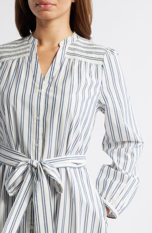Caslonr Caslon(r) Smocked Shoulder Long Sleeve Cotton Midi Dress In Ivory-blue Ensign Sandy Stripe