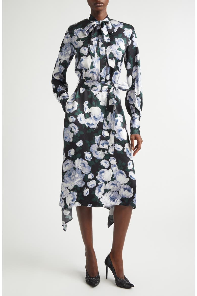 Bunch of Roses Long Sleeve Tie Neck Dress, Main, color, BLACK MULTI