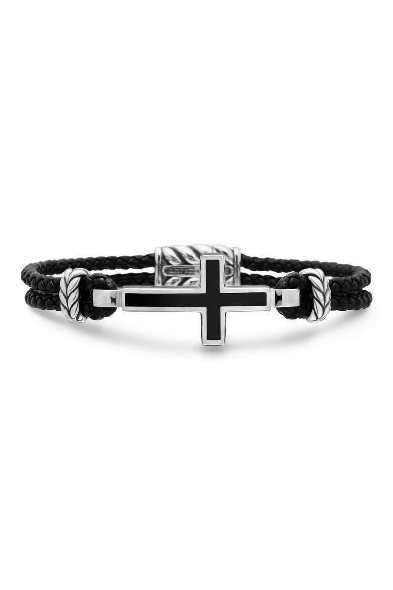Men's Stone Cross Bracelet in Black Leather with Sterling Silver & Black Onyx, 3mm, Main, color, SILVER