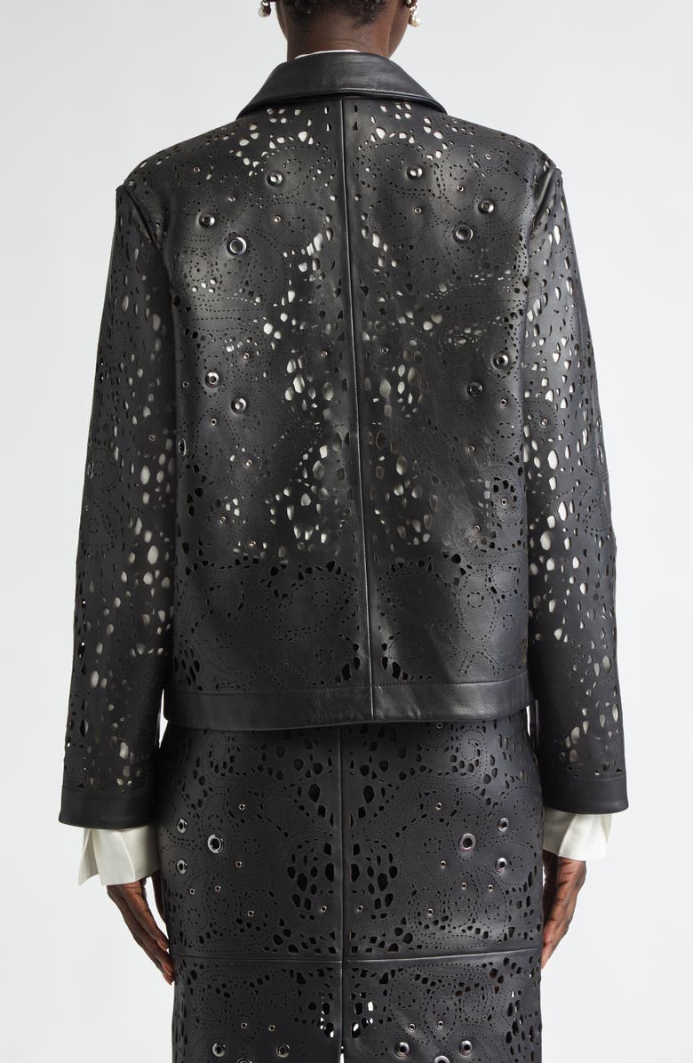 ST. JOHN Grommet Embellished Laser Cut Leather Jacket, Alternate, color, 