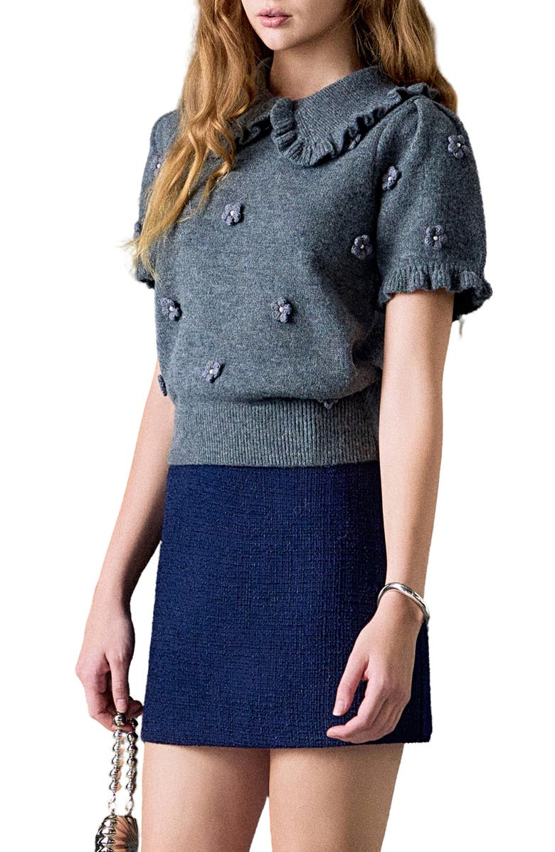 English Factory Pearl Bead Floral Short Sleeve Sweater, Alternate, color, Heather Grey