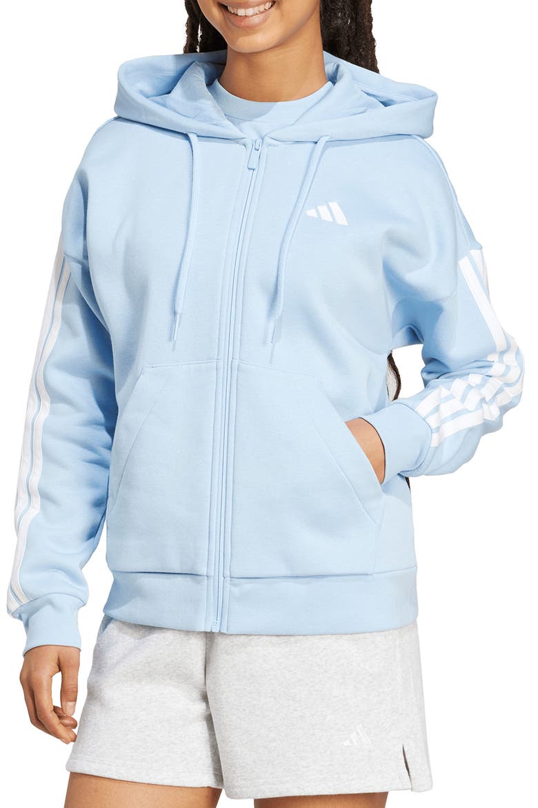 Essential 3-Stripes Full Zip Hoodie, Main, color, GLOW BLUE/ WHITE