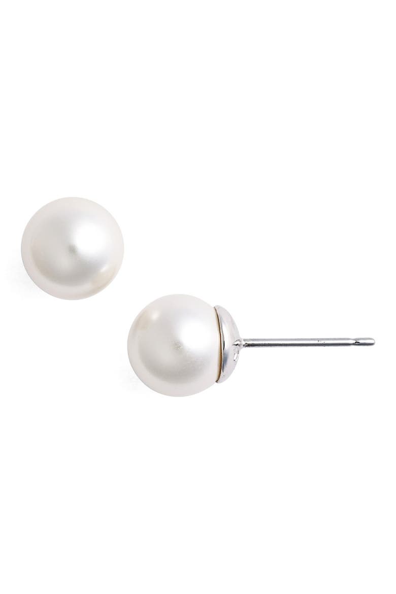 Imitation Pearl Stud Earrings, Main, color, RHODIUM