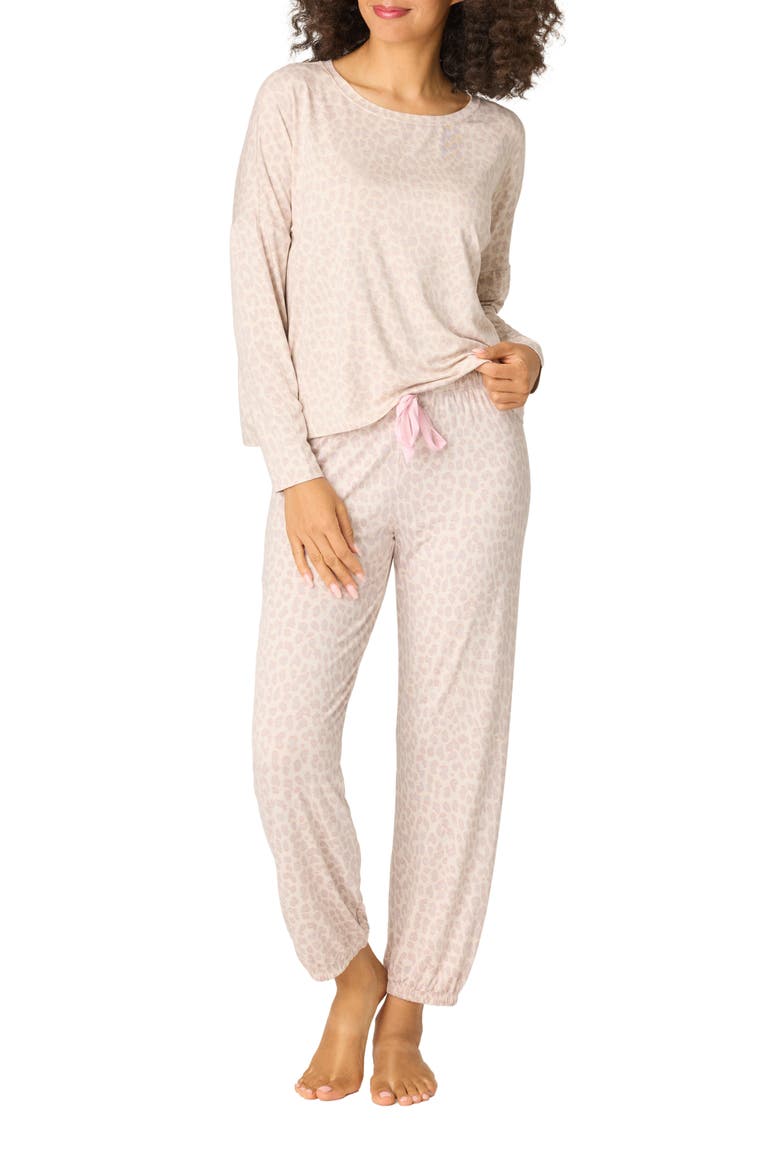 Luxe Leopard Print Jersey Pajamas, Main, color, LIGHT BEIGE
