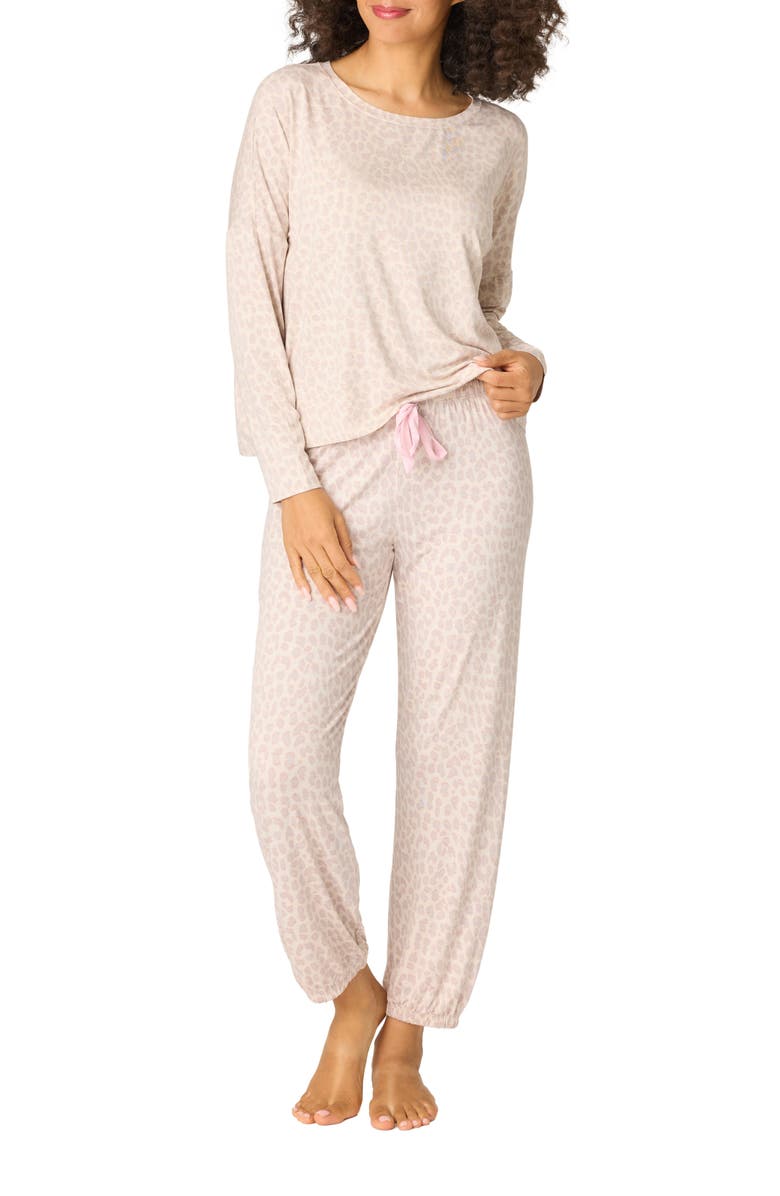 PJ Salvage Luxe Leopard Print Jersey Pajamas, Main, color, Light Beige