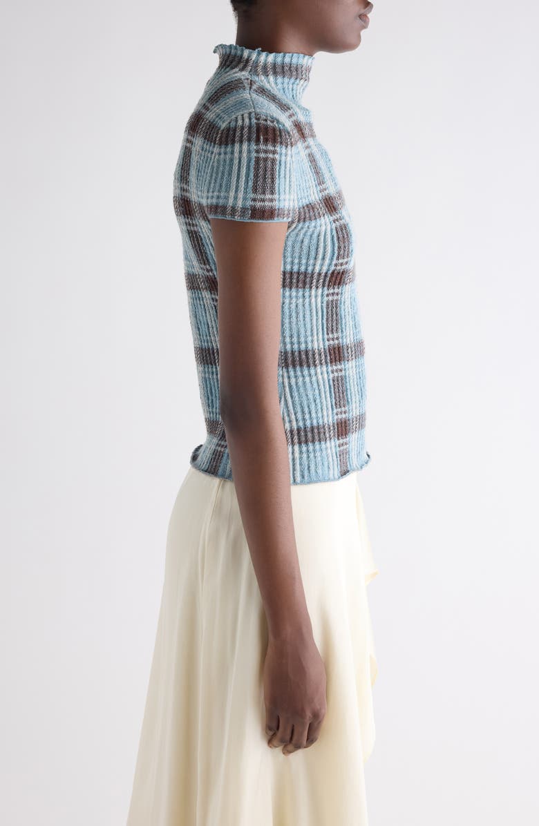 Acne Studios Plaid Short Sleeve Wool Funnel Neck Sweater, Alternate, color, Blue/ Brown