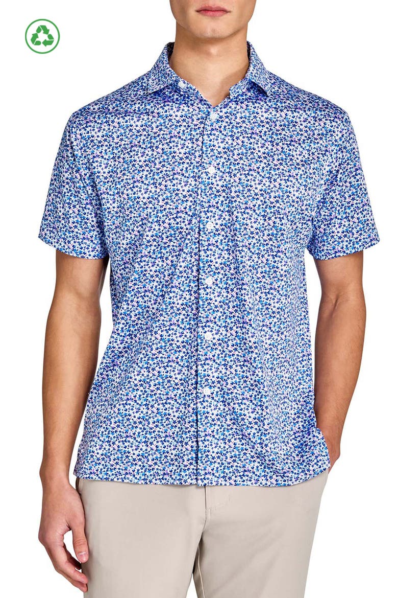 Regular Fit Clustered Floral Recycled Performance Golf Button-Down Shirt, Main, color, WHITE/BLUE