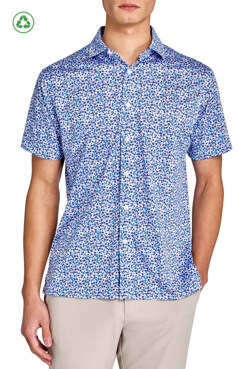 CONSTRUCT Regular Fit Clustered Floral Recycled Performance Golf Button-Down Shirt, Main, color, White/Blue