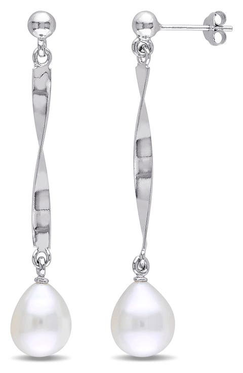 Sterling Silver 9–9.5mm Cultured Freshwater Pearl Drop Earrings