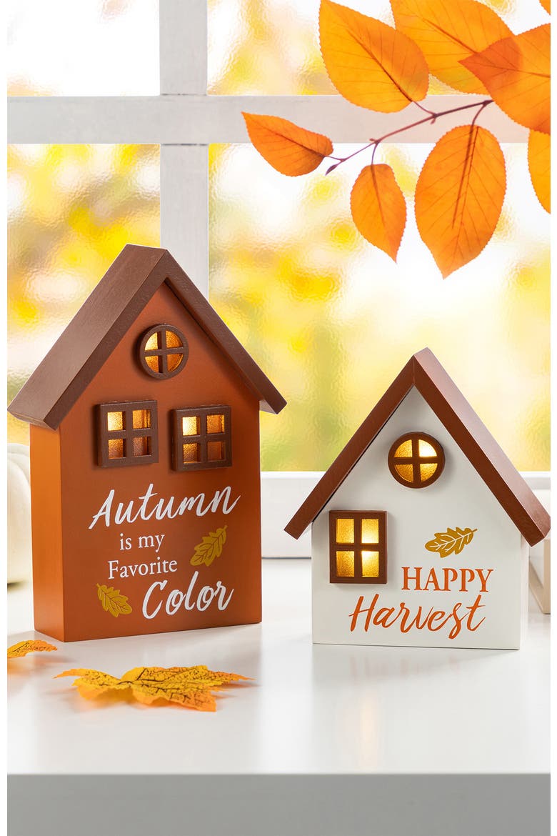 Set of 2 Lighted Fall Wooden House-shaped Table Decor, Alternate, color, Orange