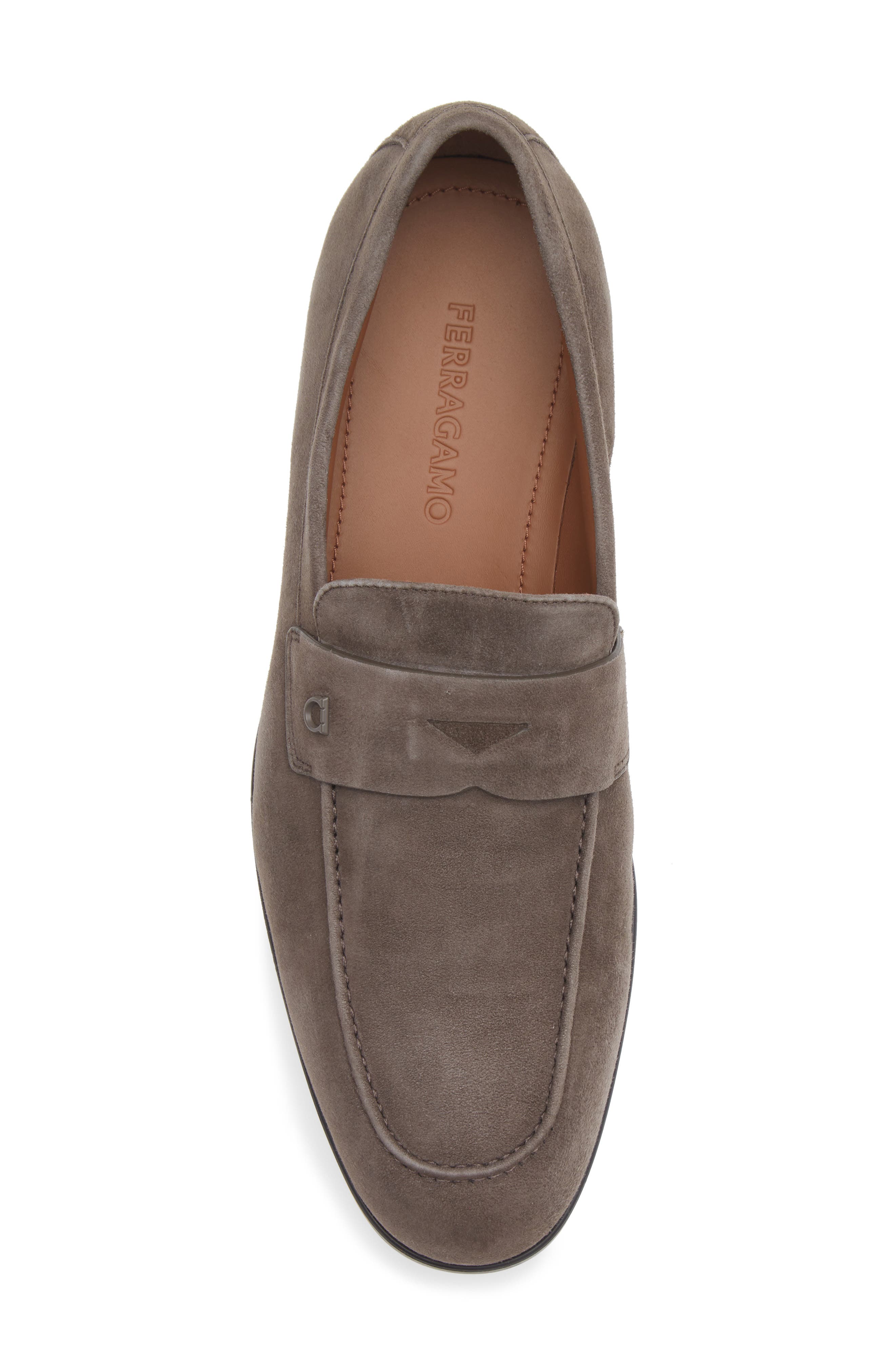 FERRAGAMO Tiberio Suede Penny Loafer, Alternate, color, Elefante Nutmeg