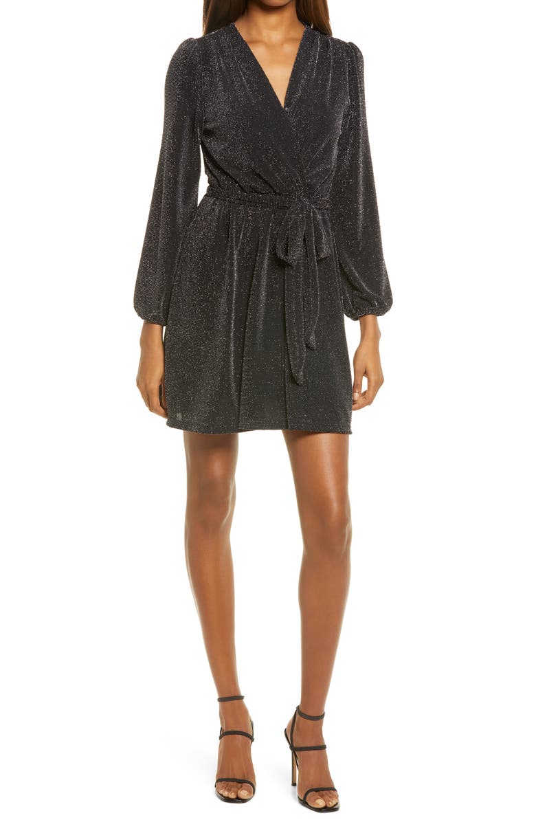 Fraiche by J Glitter Wrap Front Long Sleeve Minidress, Main, color,