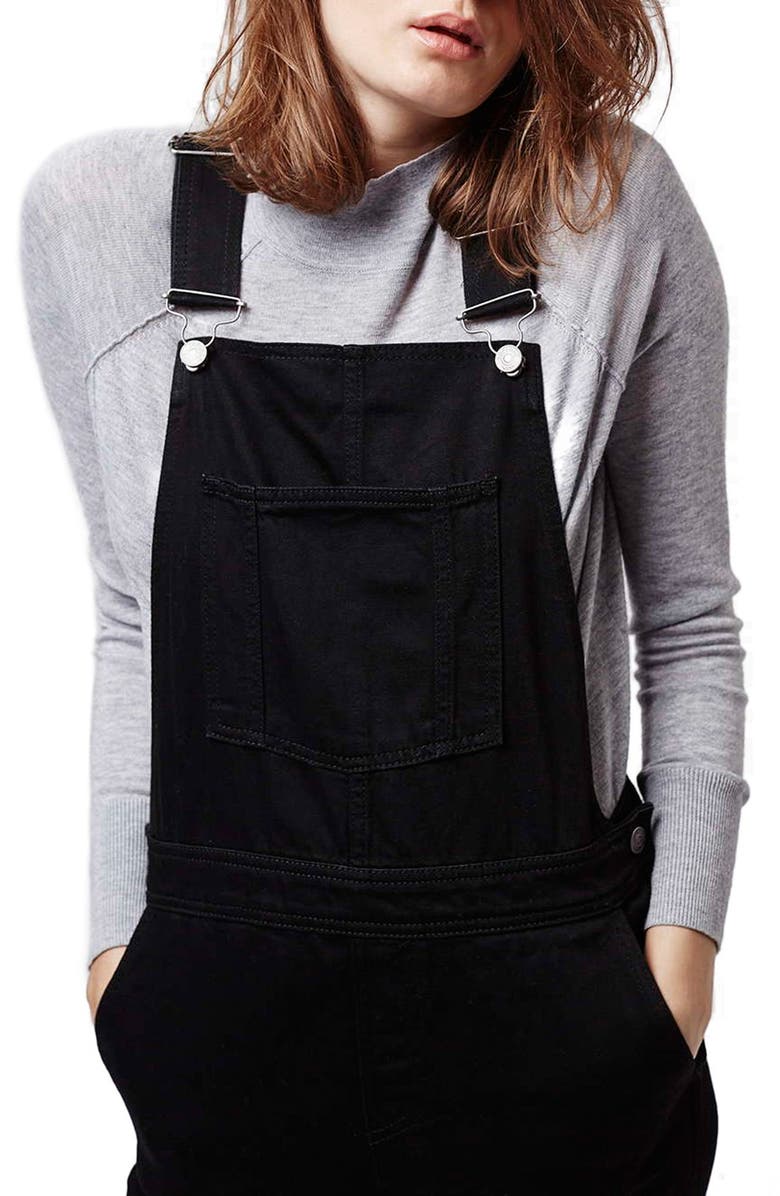Topshop Black Denim Overalls, Alternate, color, 