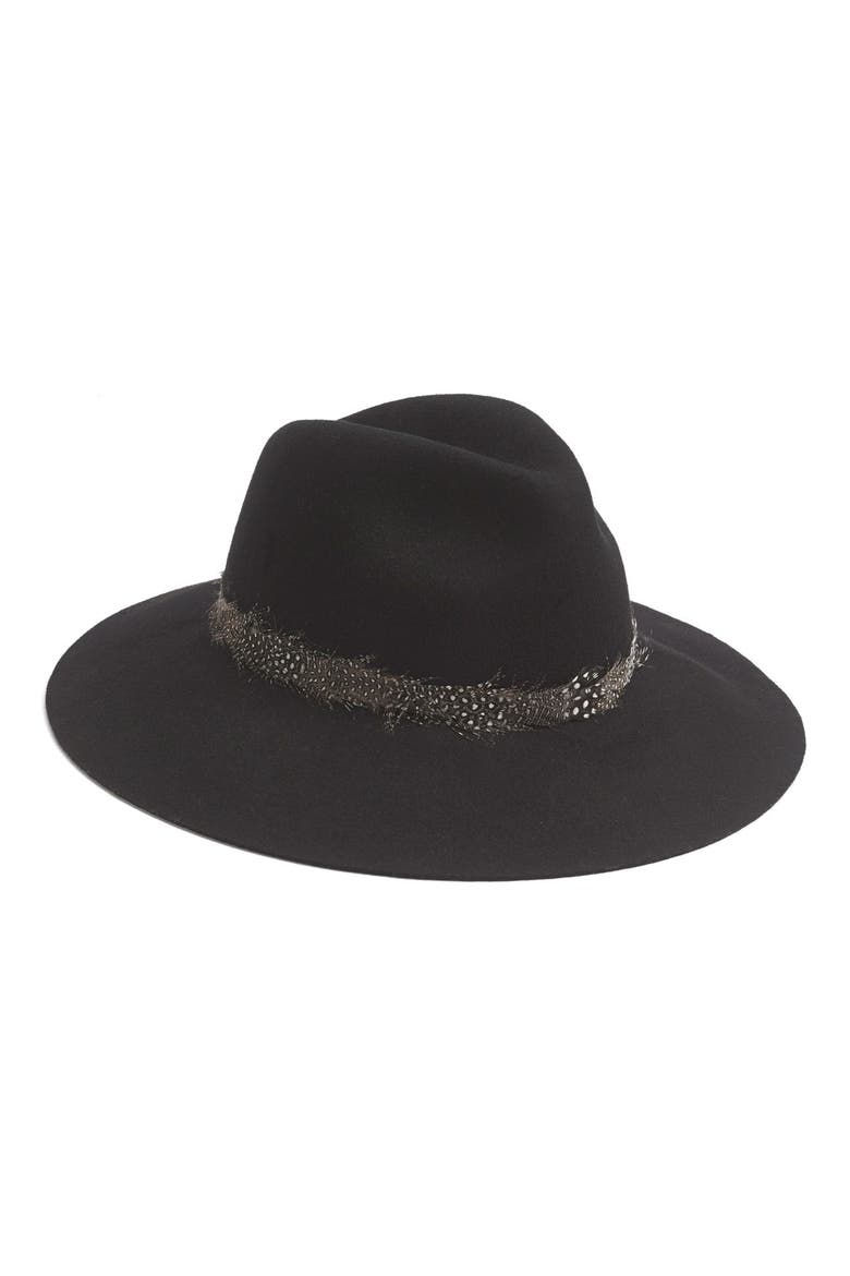 Feather Trim Floppy Felt Fedora, Main, color, BLACK
