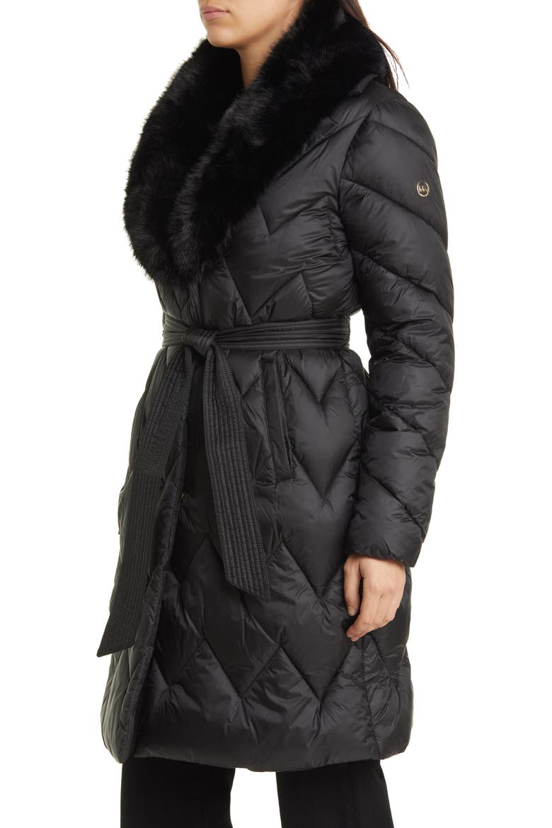 Faux Fur Collar Diamond Quilted Coat, Alternate, color, BLACK